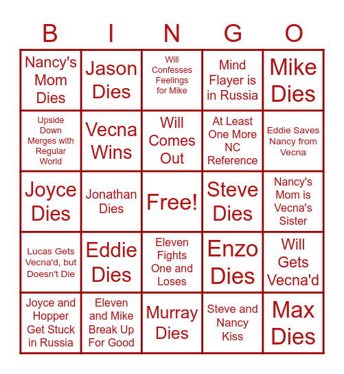 Stranger Things Vol 2 Predictions Bingo Card