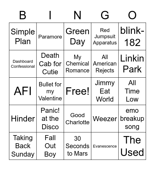 emo karaoke bingo Card