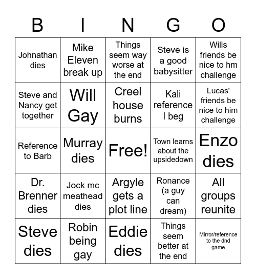 Stranger Bingo Card