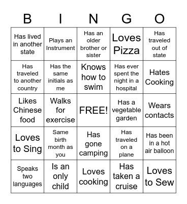 Getting to Know You Bingo Card