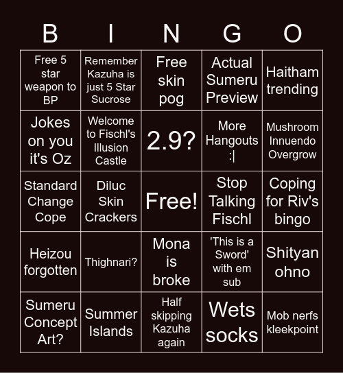 2.8 Livestream Bingo Card