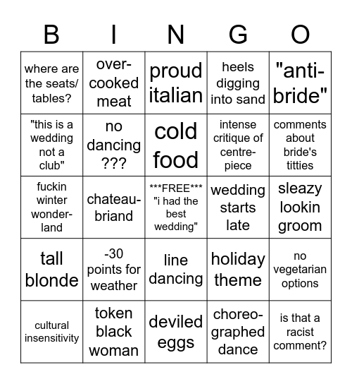 Four Weddings Bingo Card