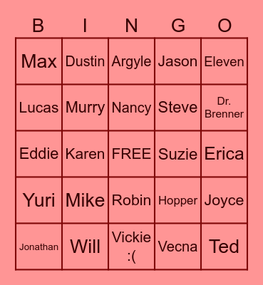 Stranger Things Death Bingo Card