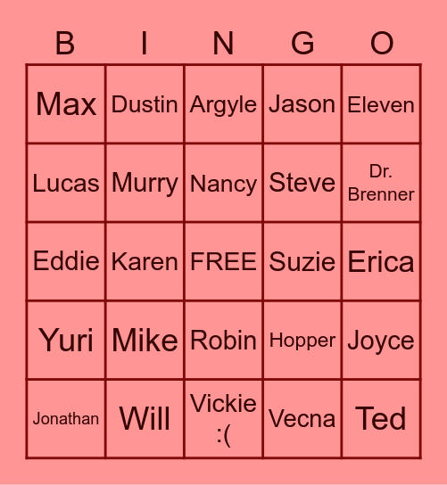 Stranger Things Death Bingo Card