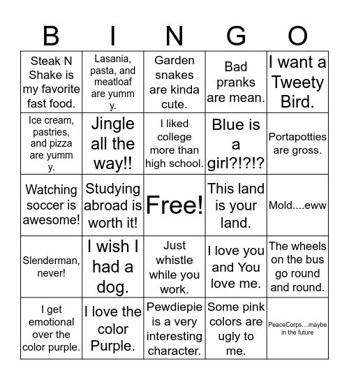 College Bingo Card