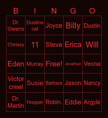 Stranger Things death bingo Card