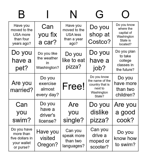 Present Simple Questions: Can Do Are Have Bingo Card