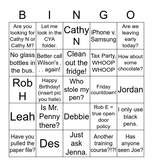 4th Annual MNP Office Olympics BINGO Card
