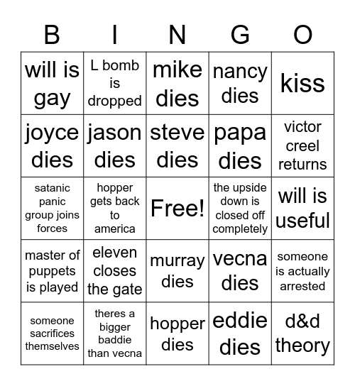 Stranger Things Vol 2 Predictions Bingo Card