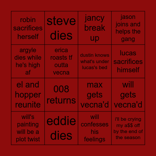 STRANGER THINGS BINGO Card