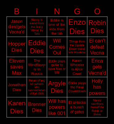 Stranger Things Bingo Card