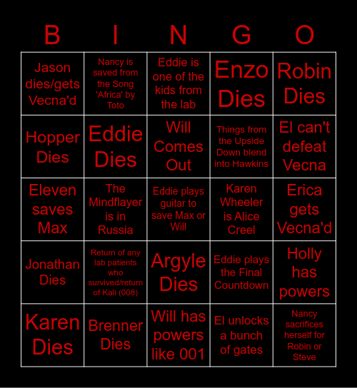 Stranger Things Bingo Card