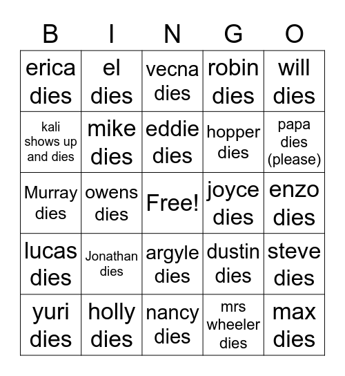 stranger things 4 v2 deaths Bingo Card