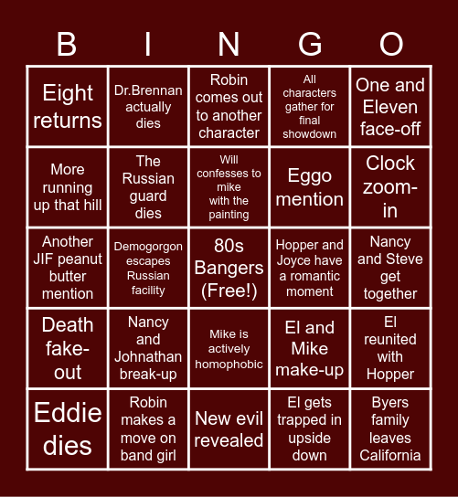 Stranger Things Bingo Card