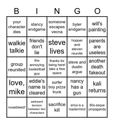 STRANGER THINGS BINGO Card