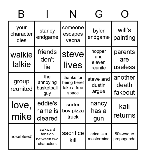 STRANGER THINGS BINGO Card