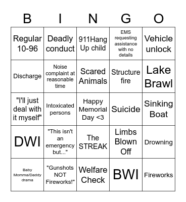 Dispatch Memorial Day Bingo Card