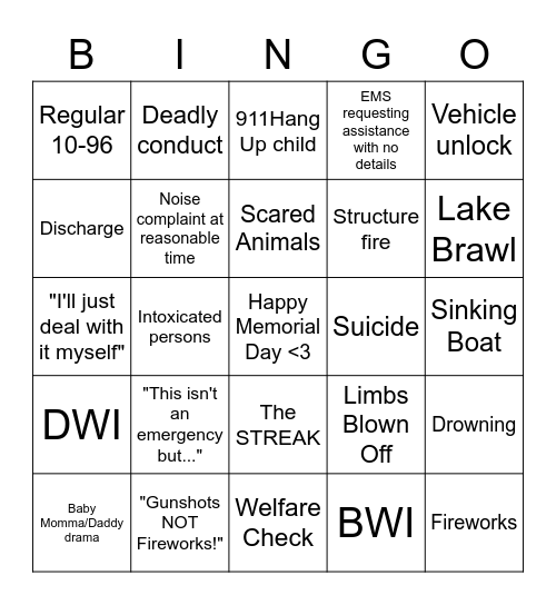 Dispatch Memorial Day Bingo Card