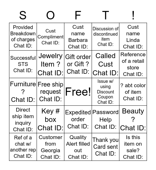 Soft Surroundings Chat Bingo Card