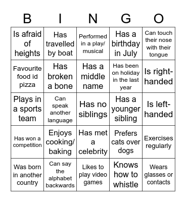 Get to know you bingo! Bingo Card