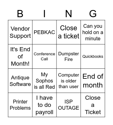 Help Desk Bingo Card