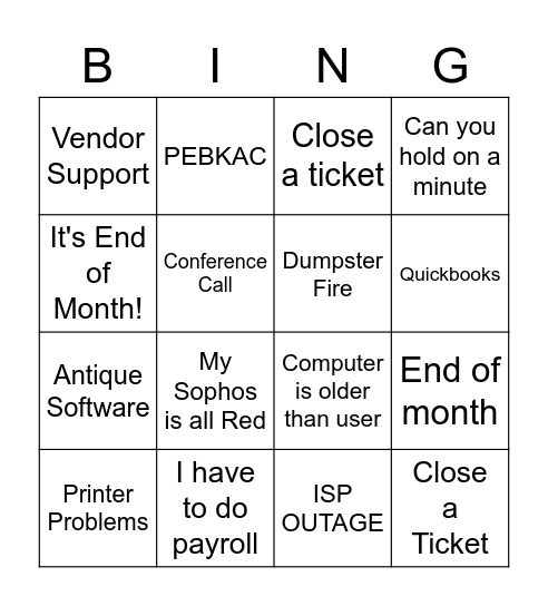 Help Desk Bingo Card