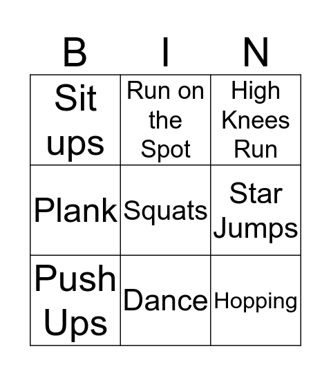 Open Night Fitness Bingo Card