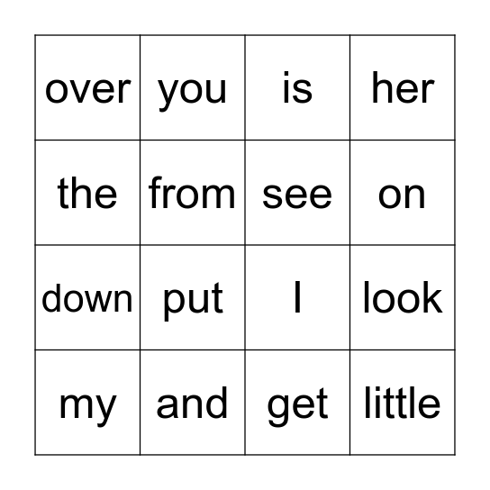 Sight Word Bingo Card