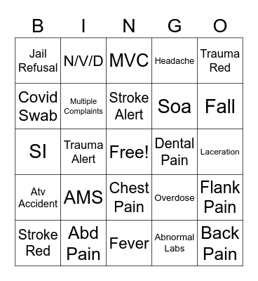 Emergency Department Bingo Card