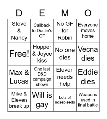 Stranger Things Finale Bingo Card