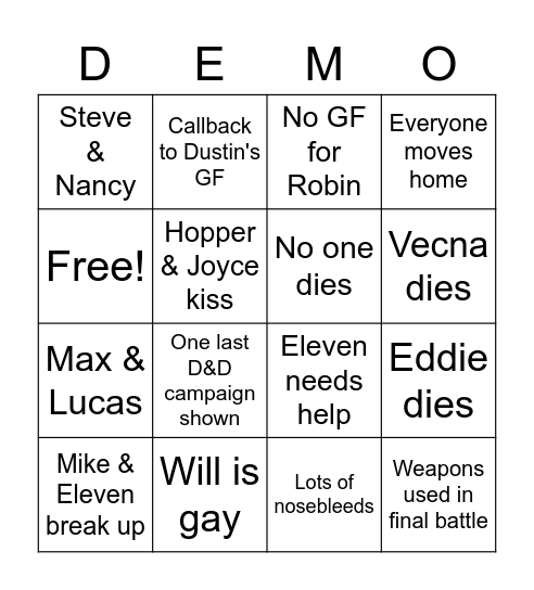 Stranger Things Finale Bingo Card