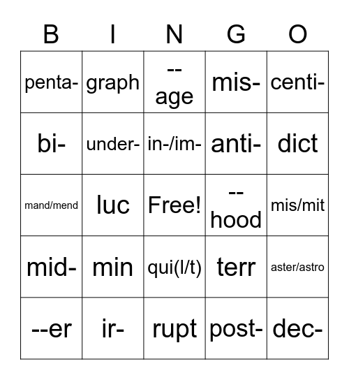 Word Parts Bingo Card