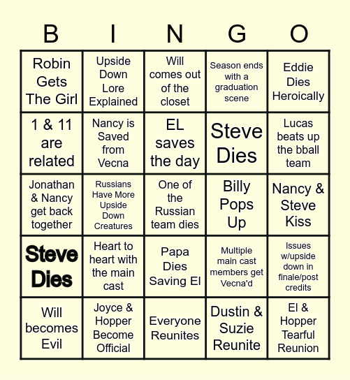 Stranger Things Vol. 2 Bingo Card