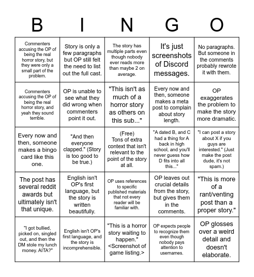 r/rpghorrorstories meta bingo Card
