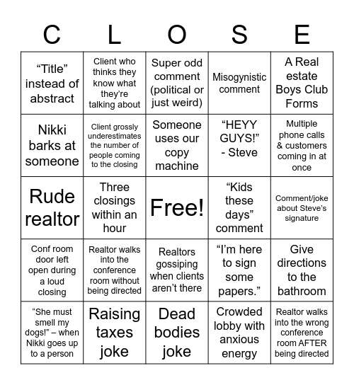 CLOSING BINGO Card