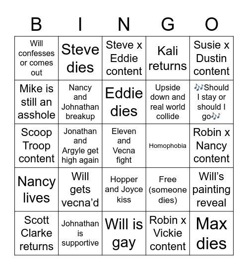 New Stranger Things Bingo Card