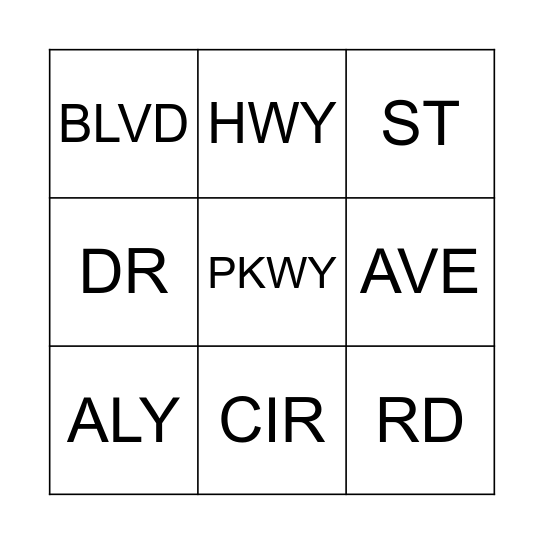 Street Address Abbreviations Bingo Card