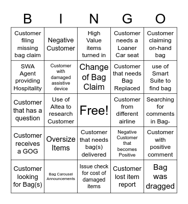 Baggage Service Bingo Card