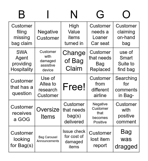 Baggage Service Bingo Card