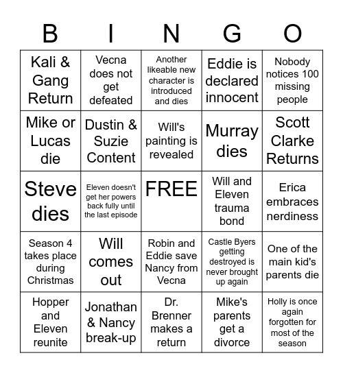 Stranger Things S4 Bingo Card