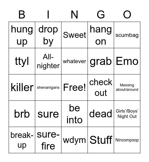Slangs Bingo Card