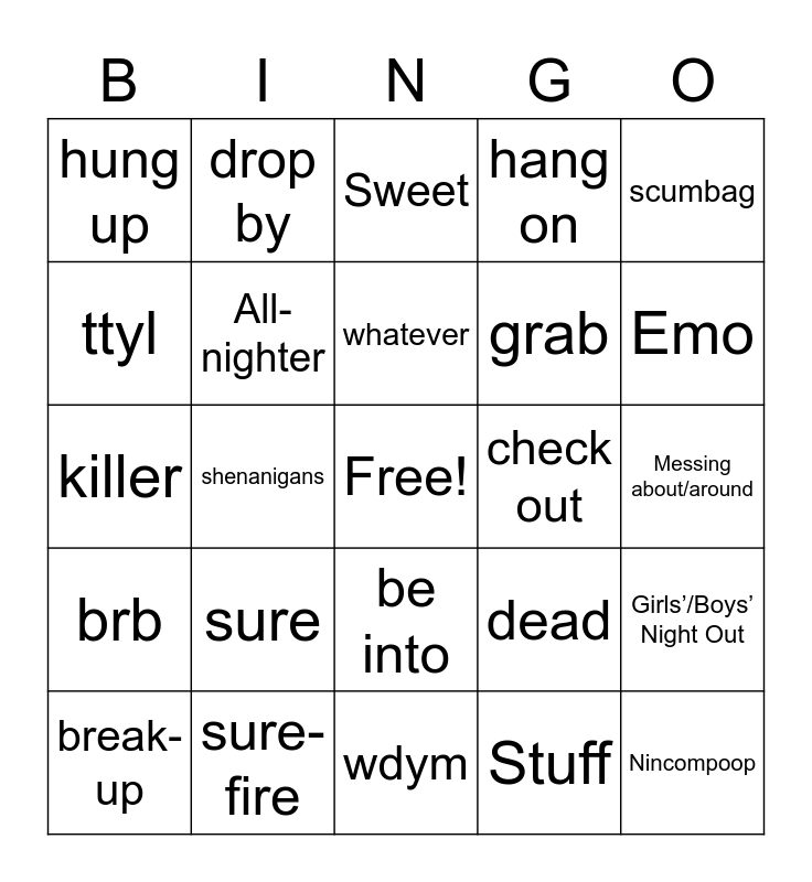 Slangs Bingo Card