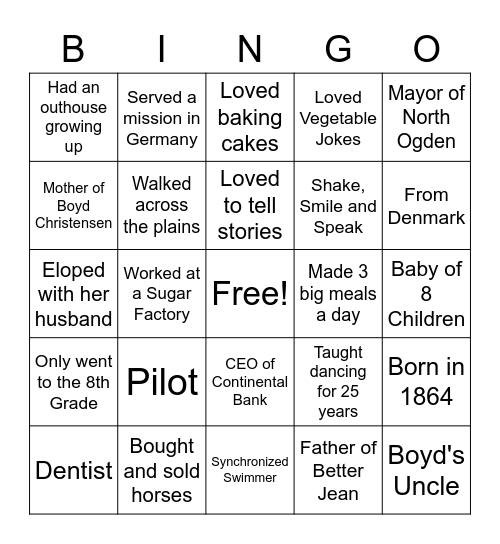 Christensen Family History Bingo Card