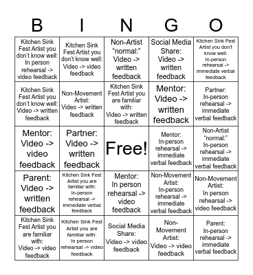 Kitchen Sink Fest Bingo Card