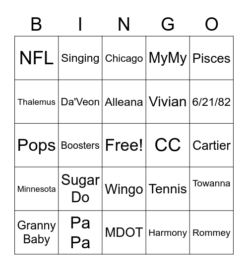 W I N G O Bingo Card