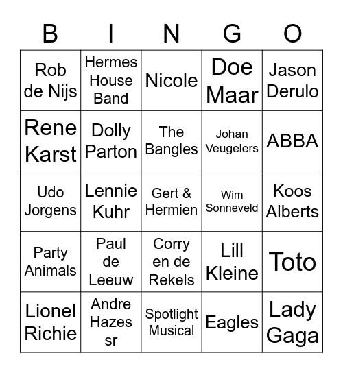 Muziek Bingo familie Stultiens Bingo Card