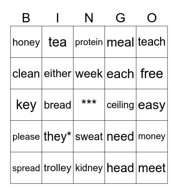 Words with ea - ee - ei - ey Bingo Card