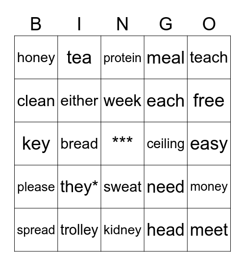 Words with ea - ee - ei - ey Bingo Card