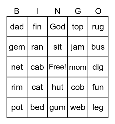 Short Vowel Sounds Bingo Card