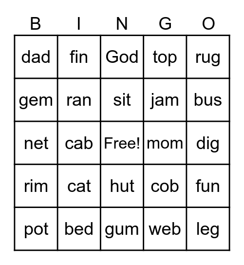 Short Vowel Sounds Bingo Card